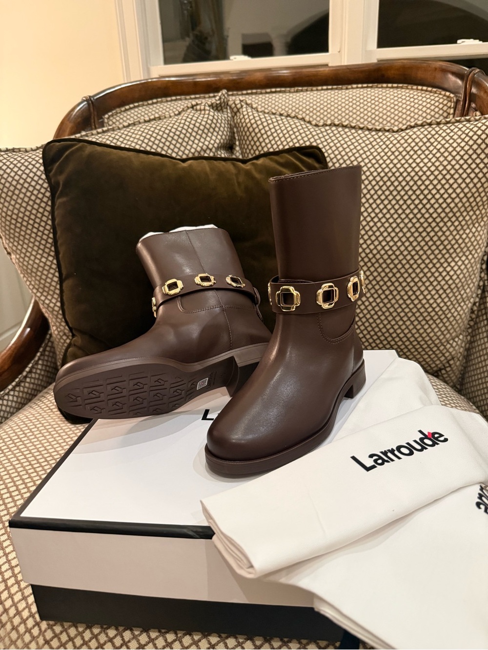 Larroudé Women's Milan Flat Bootie In Brown Water Resistant Leather